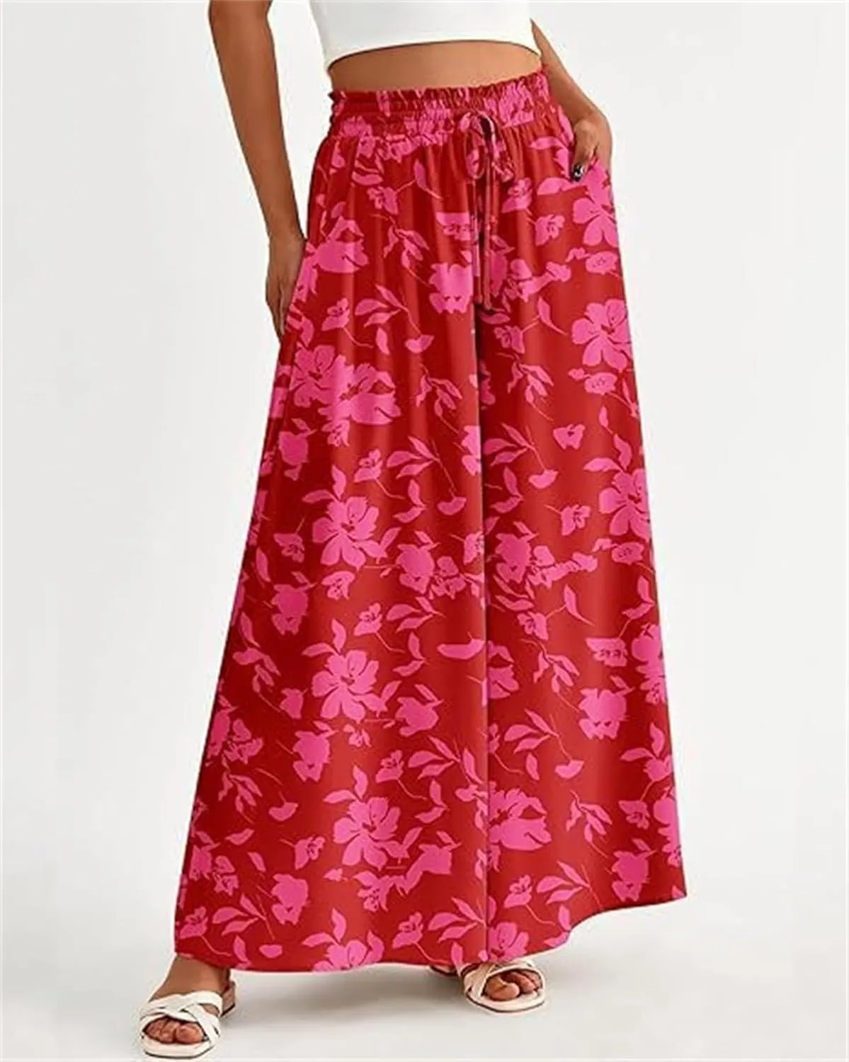Women's 2024 Floral Print Shirred Waist Pants,Elastic High Waisted Casual Wide Leg Palazzo Pants,Flowy Beach Trousers