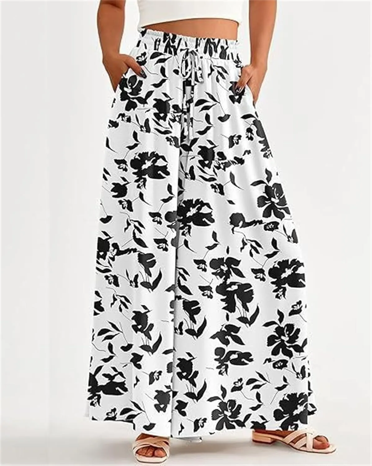 Women's 2024 Floral Print Shirred Waist Pants,Elastic High Waisted Casual Wide Leg Palazzo Pants,Flowy Beach Trousers