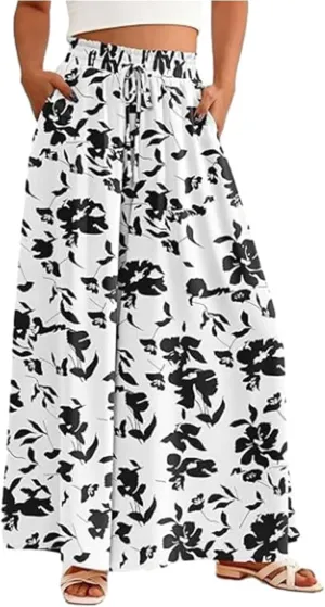 Women's 2024 Floral Print Shirred Waist Pants,Elastic High Waisted Casual Wide Leg Palazzo Pants,Flowy Beach Trousers