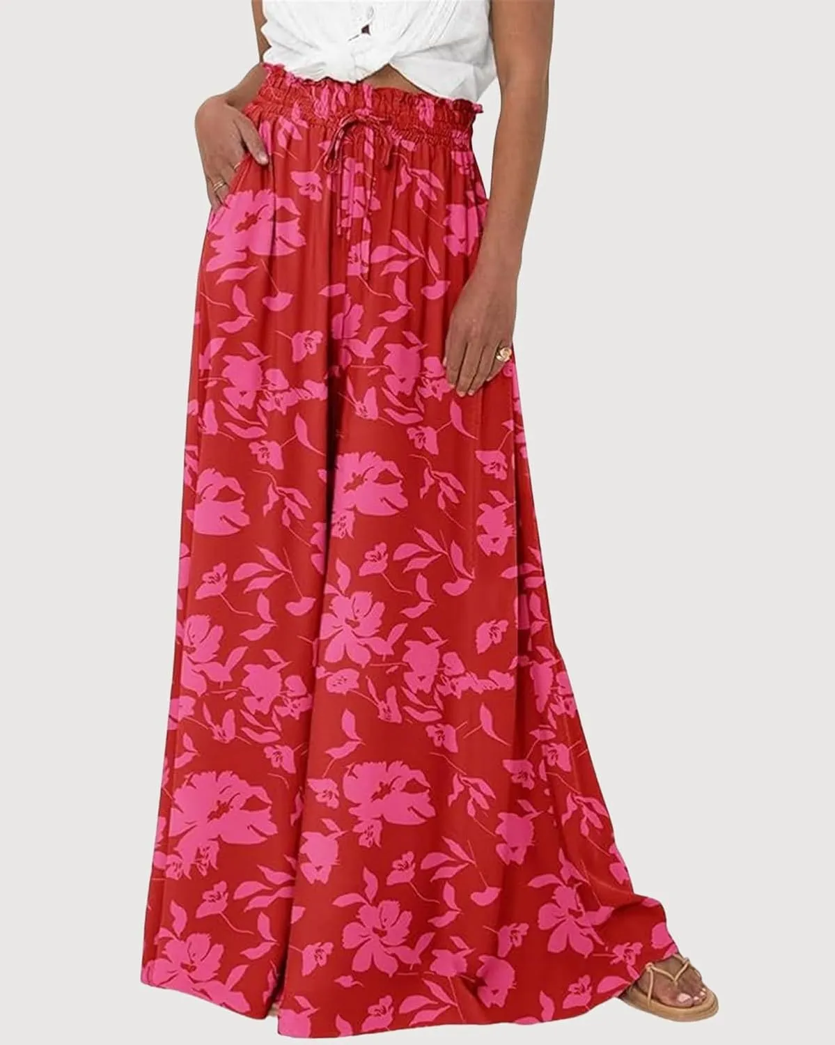 Women's 2024 Floral Print Shirred Waist Pants,Elastic High Waisted Casual Wide Leg Palazzo Pants,Flowy Beach Trousers