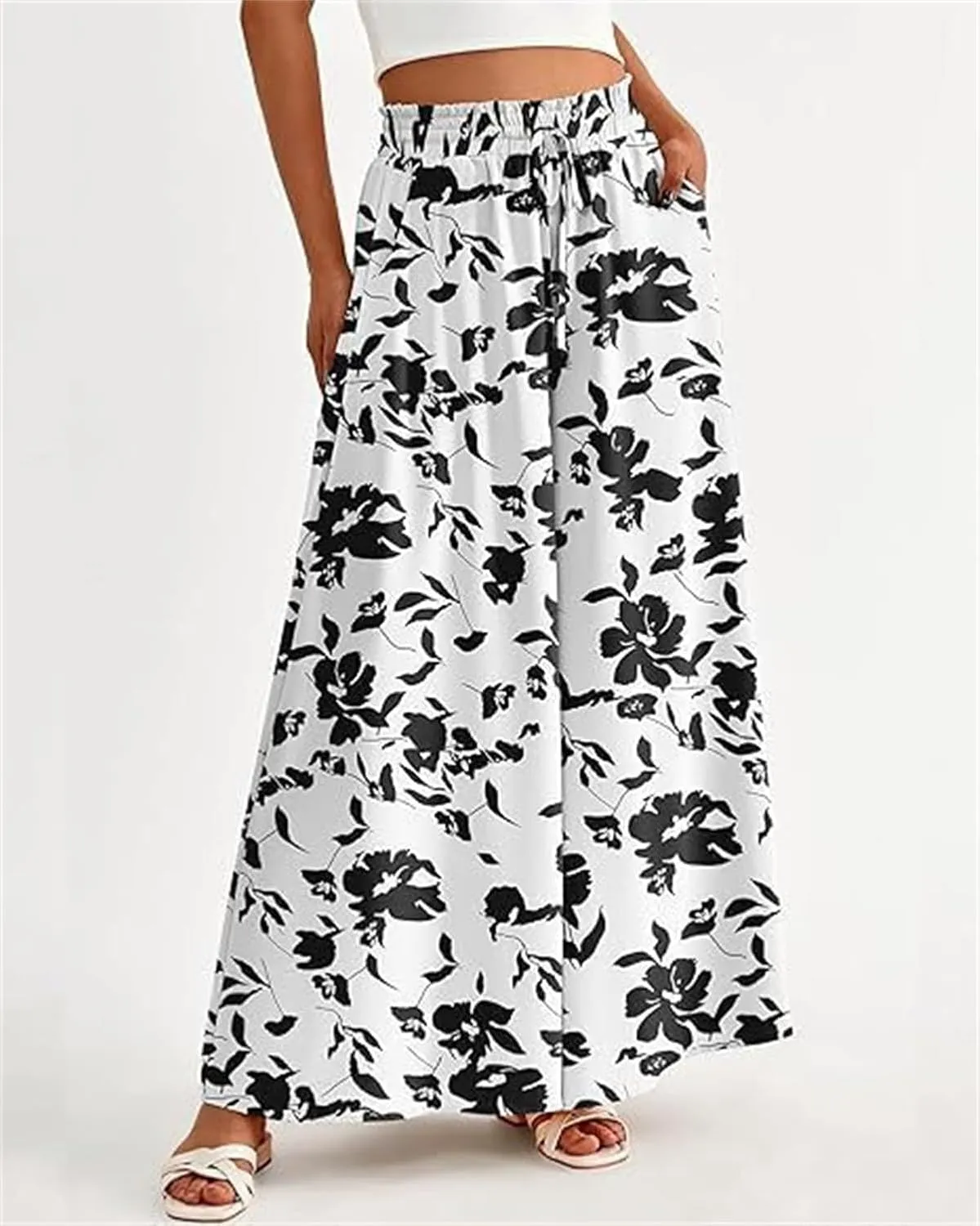 Women's 2024 Floral Print Shirred Waist Pants,Elastic High Waisted Casual Wide Leg Palazzo Pants,Flowy Beach Trousers