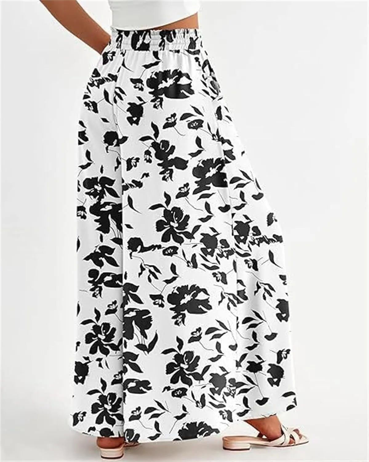 Women's 2024 Floral Print Shirred Waist Pants,Elastic High Waisted Casual Wide Leg Palazzo Pants,Flowy Beach Trousers