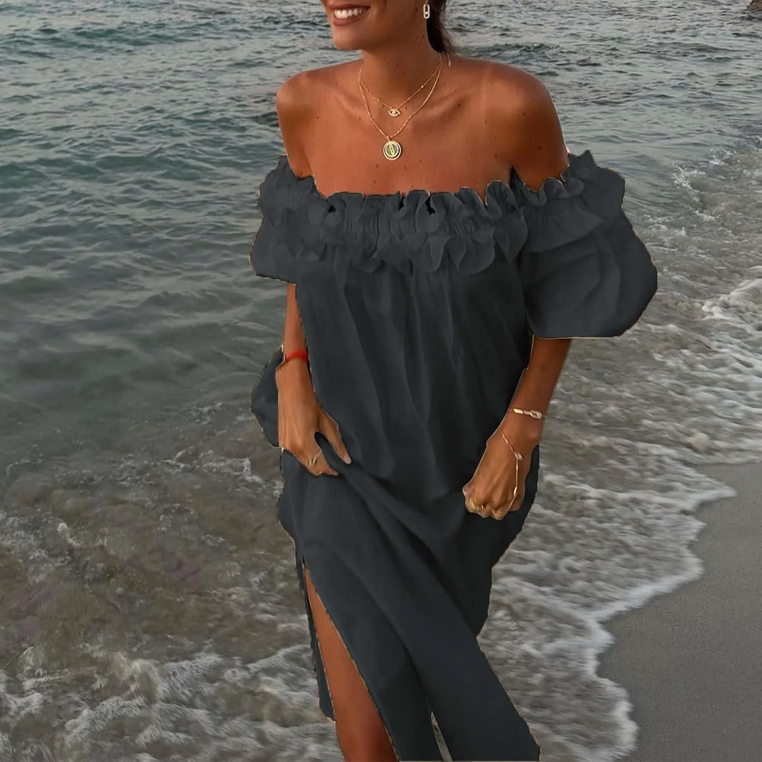 Womens 2024 Summer Boho Midi Dress Off Shoulder Puff Sleeve Loose Fit Smocked Ruffle Beach Flowy Dresses Floral Neck