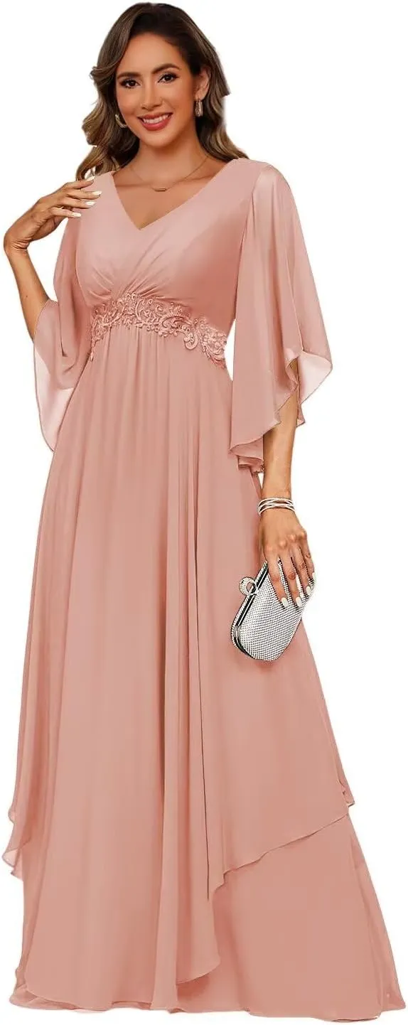 Women's 3/4 Sleeve Mother of The Bride Dresses 2025 Lace Applique Pleated Formal Party Dress DE233