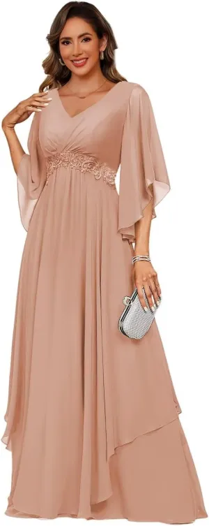 Women's 3/4 Sleeve Mother of The Bride Dresses 2025 Lace Applique Pleated Formal Party Dress DE233