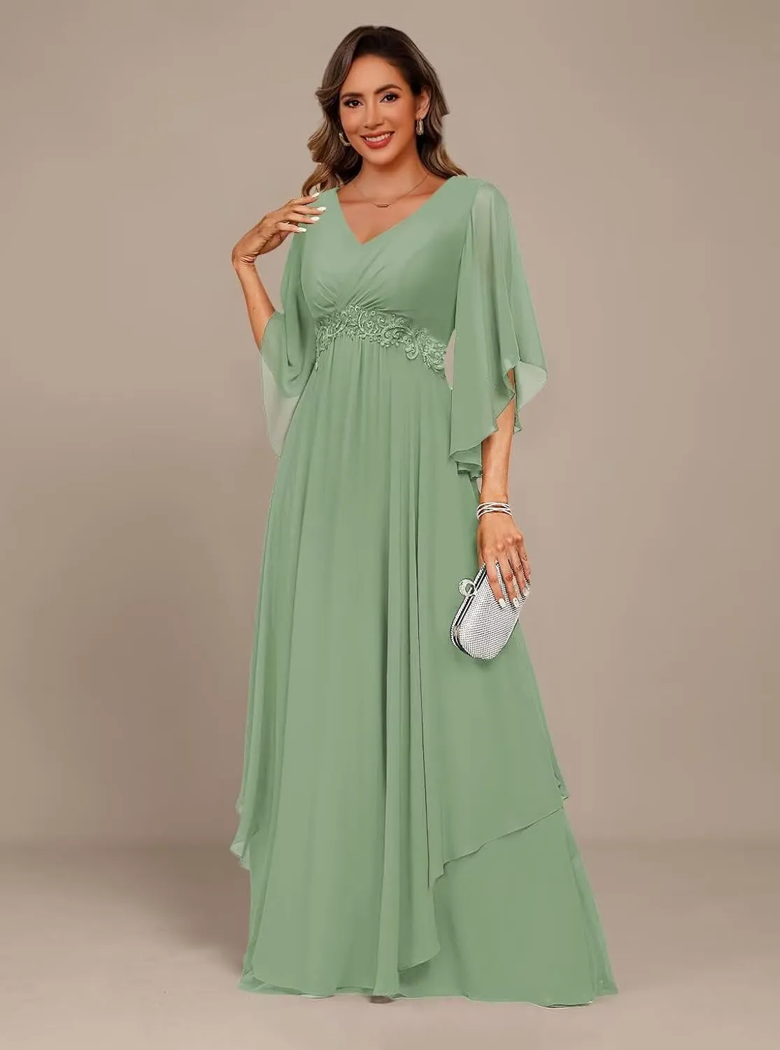 Women's 3/4 Sleeve Mother of The Bride Dresses 2025 Lace Applique Pleated Formal Party Dress DE233