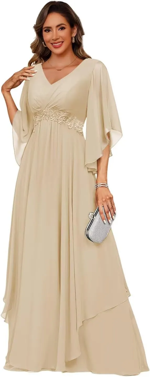 Women's 3/4 Sleeve Mother of The Bride Dresses 2025 Lace Applique Pleated Formal Party Dress DE233