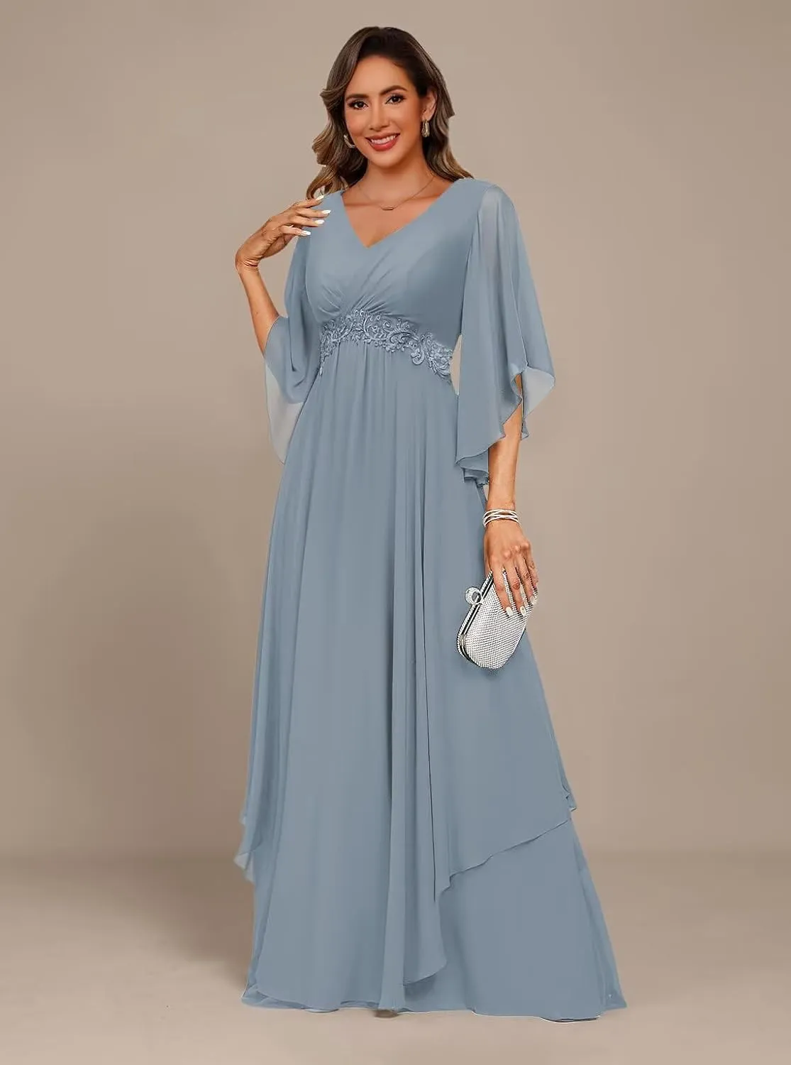 Women's 3/4 Sleeve Mother of The Bride Dresses 2025 Lace Applique Pleated Formal Party Dress DE233