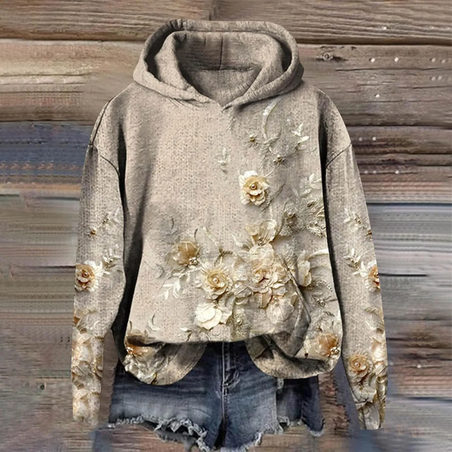 Women's 3D Floral Hoodie Casual Pullover Hooded Sweatshirt Oversized Long Sleeve with Textured Flower Comfy Fall Top