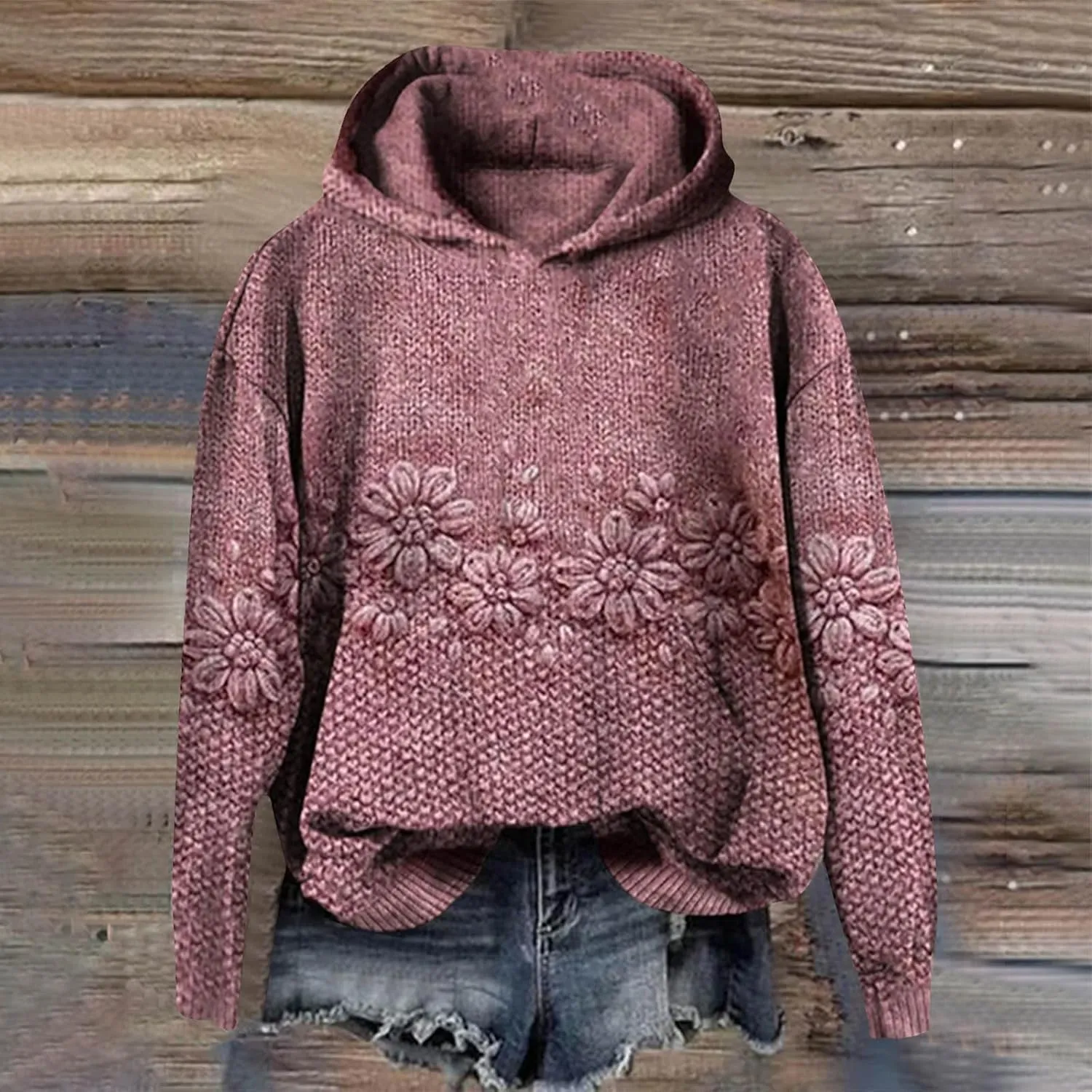 Women's 3D Floral Hoodie Casual Pullover Hooded Sweatshirt Oversized Long Sleeve with Textured Flower Comfy Fall Top