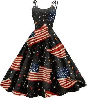 Womens 4th of July Dress Flag Print Sexy Spaghetti Strap Patriotic Punk Dresses A-Line Independence Day Clothes
