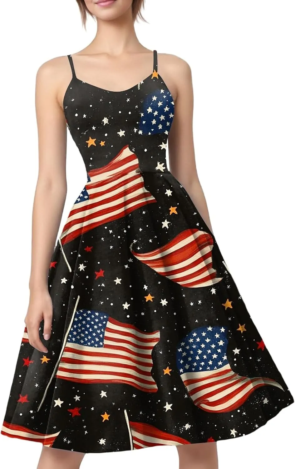 Womens 4th of July Dress Flag Print Sexy Spaghetti Strap Patriotic Punk Dresses A-Line Independence Day Clothes