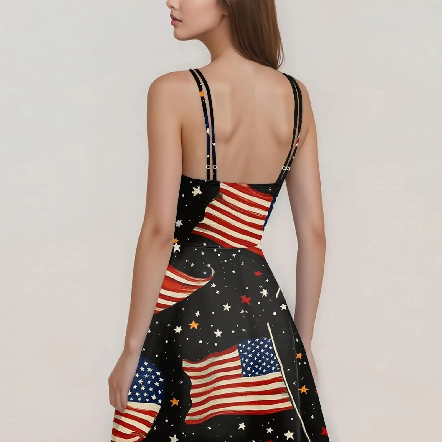 Womens 4th of July Dress Flag Print Sexy Spaghetti Strap Patriotic Punk Dresses A-Line Independence Day Clothes