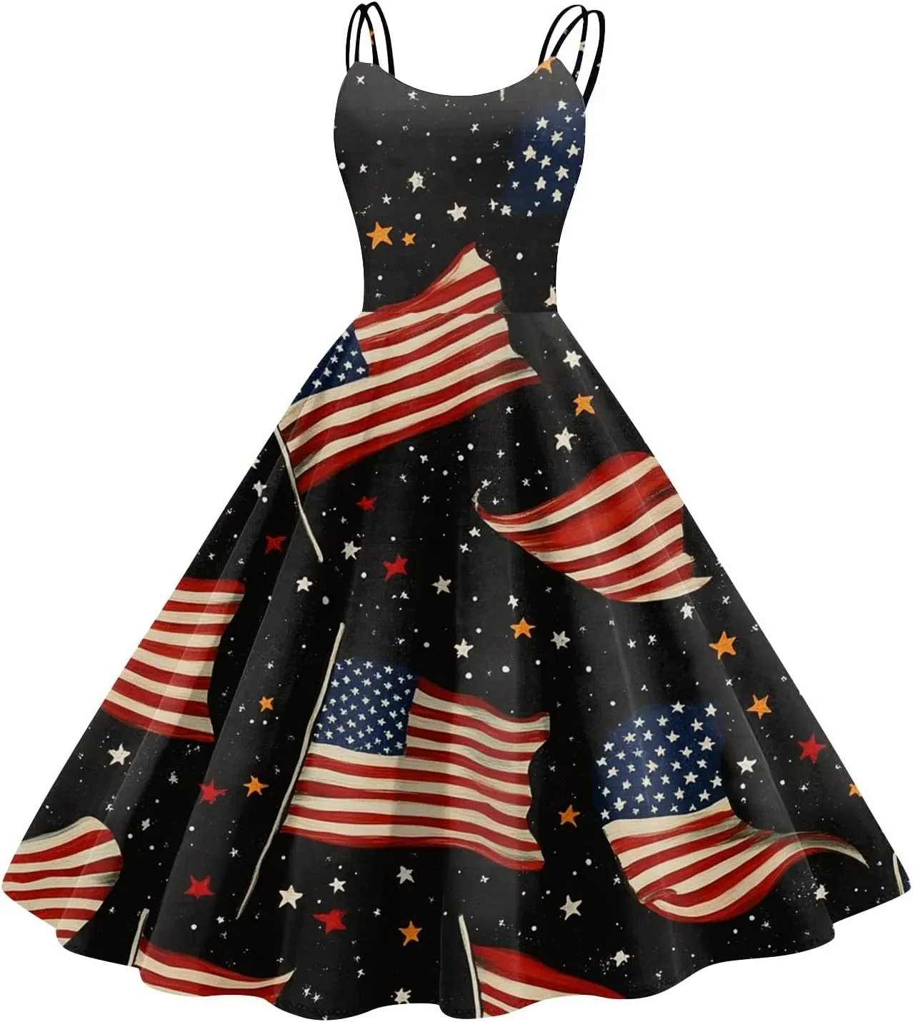 Womens 4th of July Dress Flag Print Sexy Spaghetti Strap Patriotic Punk Dresses A-Line Independence Day Clothes