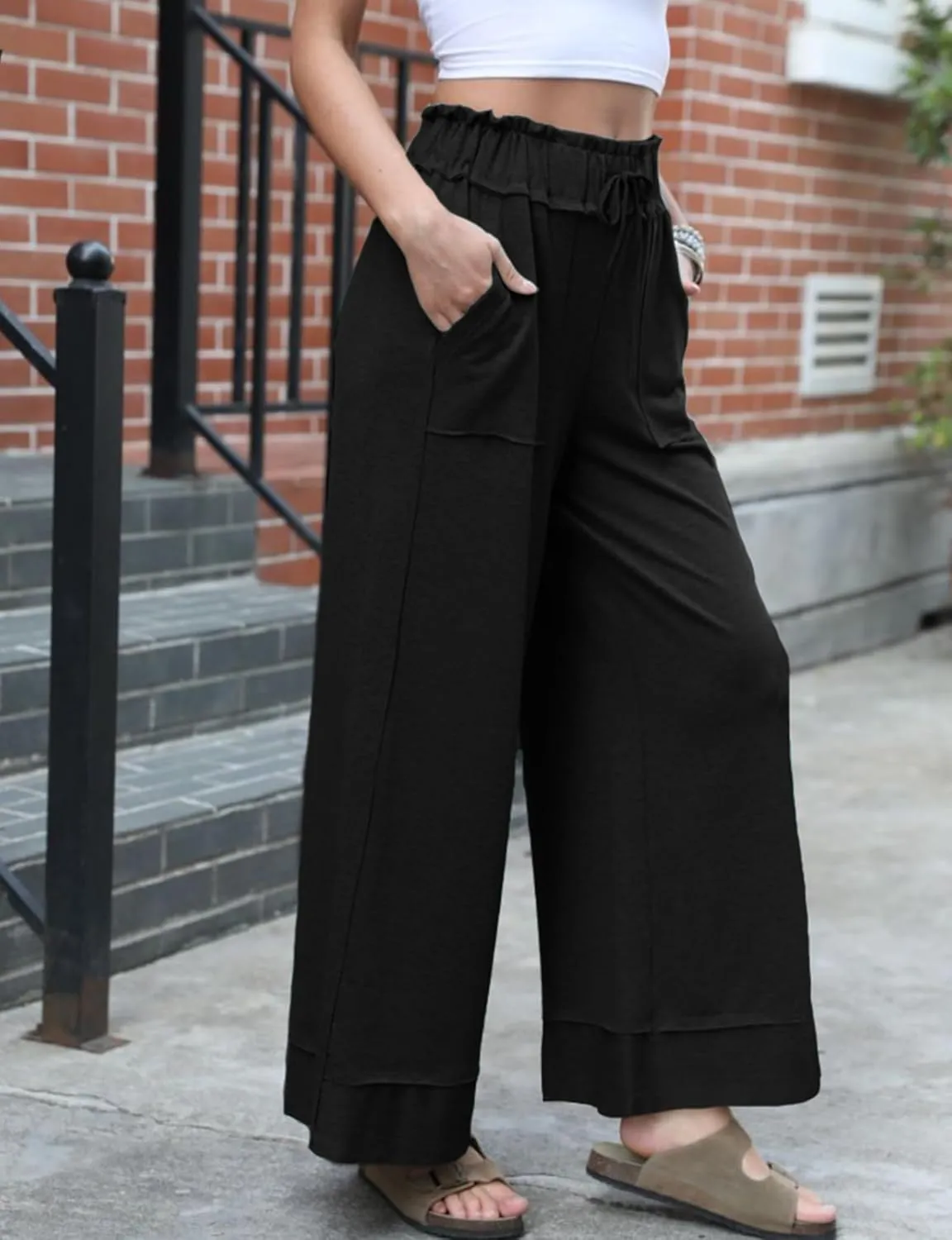 Women's Baggy Wide Leg Pants High Waist Drawstring Palazzo Lounge Sweatpants with Pockets