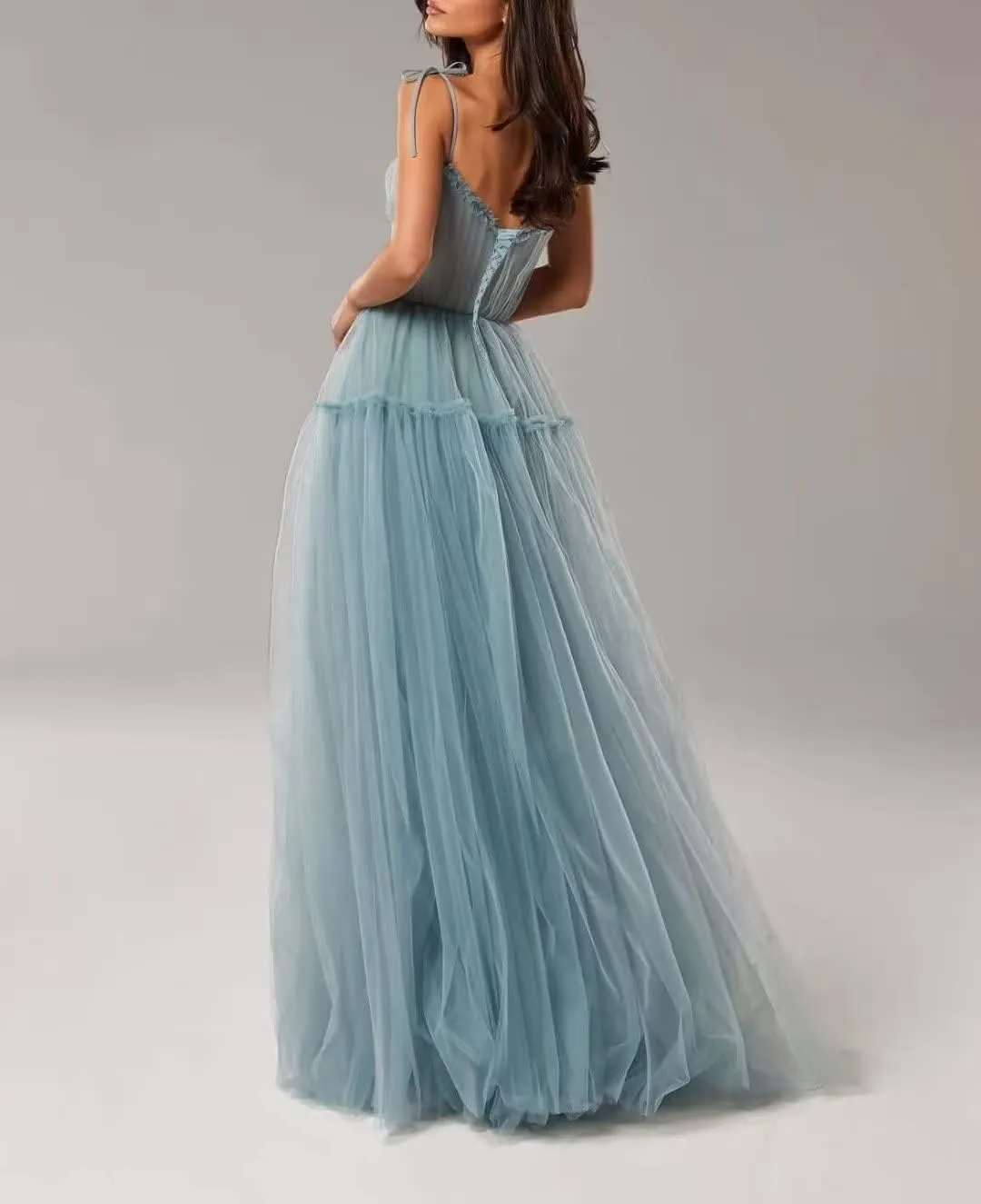 Women's Ball Gown Spaghetti Square Neck Tulle Party Dress Floor Length Sleeveless Flowy A-line Evening Dress
