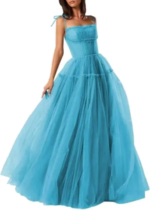 Women's Ball Gown Spaghetti Square Neck Tulle Party Dress Floor Length Sleeveless Flowy A-line Evening Dress