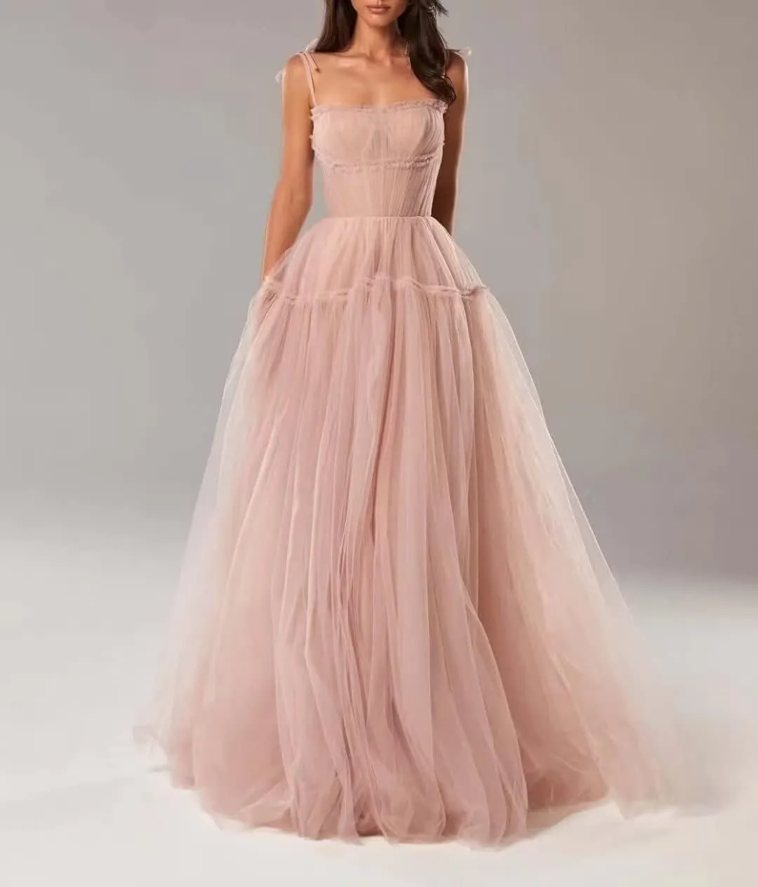 Women's Ball Gown Spaghetti Square Neck Tulle Party Dress Floor Length Sleeveless Flowy A-line Evening Dress