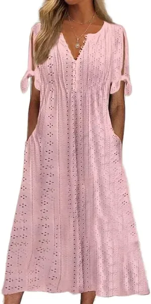 Womens Boho Eyelet Pastel Dress Button V Neck Tie Knot Short Sleeve Flowy Beach Vacation Midi Dresses with Pockets