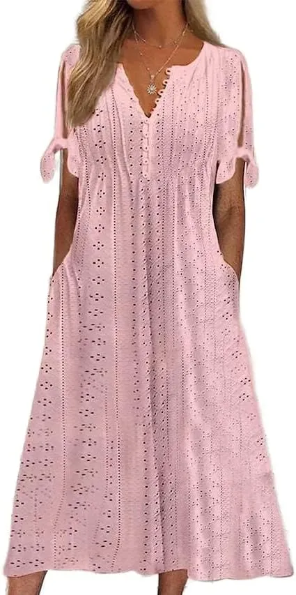 Womens Boho Eyelet Pastel Dress Button V Neck Tie Knot Short Sleeve Flowy Beach Vacation Midi Dresses with Pockets