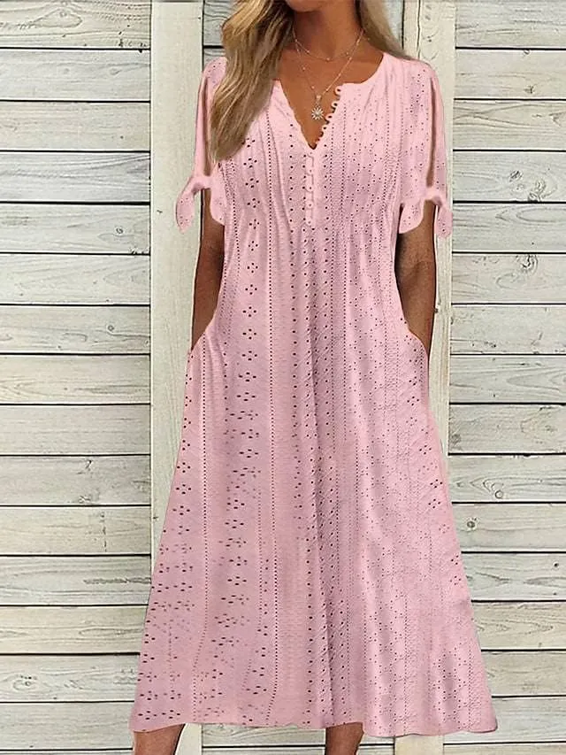 Womens Boho Eyelet Pastel Dress Button V Neck Tie Knot Short Sleeve Flowy Beach Vacation Midi Dresses with Pockets