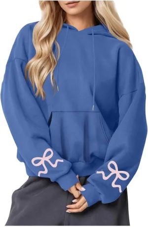 Women's Bow Print Hoodies Oversized Long Sleeve Hooded Sweatshirts Graphic Drop Shoulder Pullover Tops Y2K Clothing