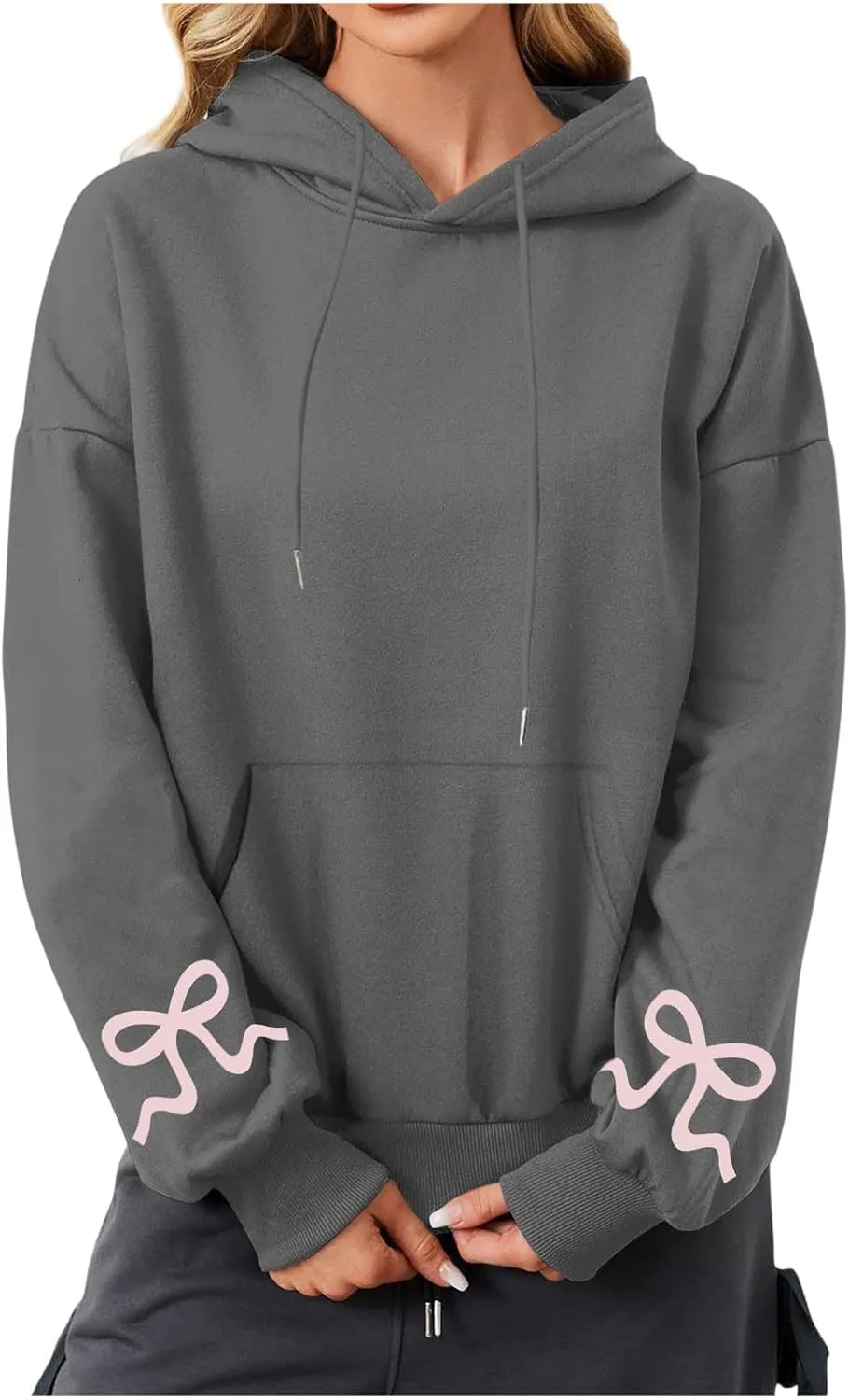 Women's Bow Print Hoodies Oversized Long Sleeve Hooded Sweatshirts Graphic Drop Shoulder Pullover Tops Y2K Clothing