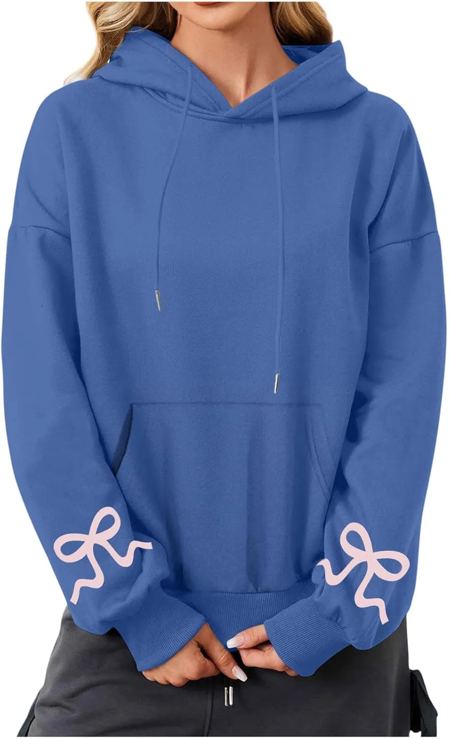 Women's Bow Print Hoodies Oversized Long Sleeve Hooded Sweatshirts Graphic Drop Shoulder Pullover Tops Y2K Clothing