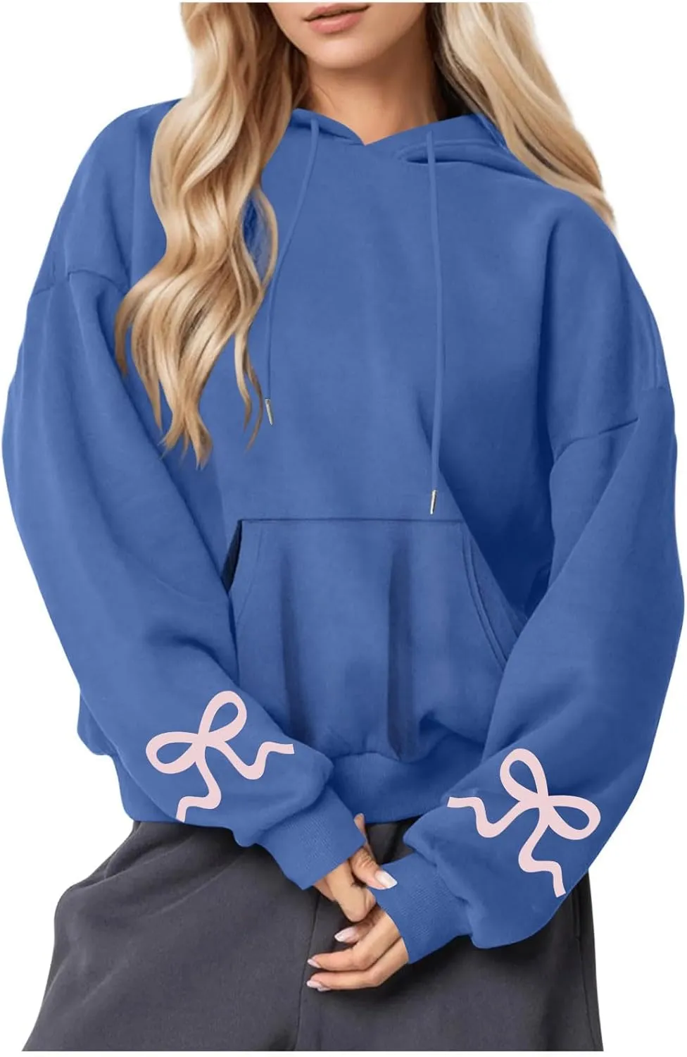 Women's Bow Print Hoodies Oversized Long Sleeve Hooded Sweatshirts Graphic Drop Shoulder Pullover Tops Y2K Clothing