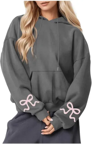 Women's Bow Print Hoodies Oversized Long Sleeve Hooded Sweatshirts Graphic Drop Shoulder Pullover Tops Y2K Clothing