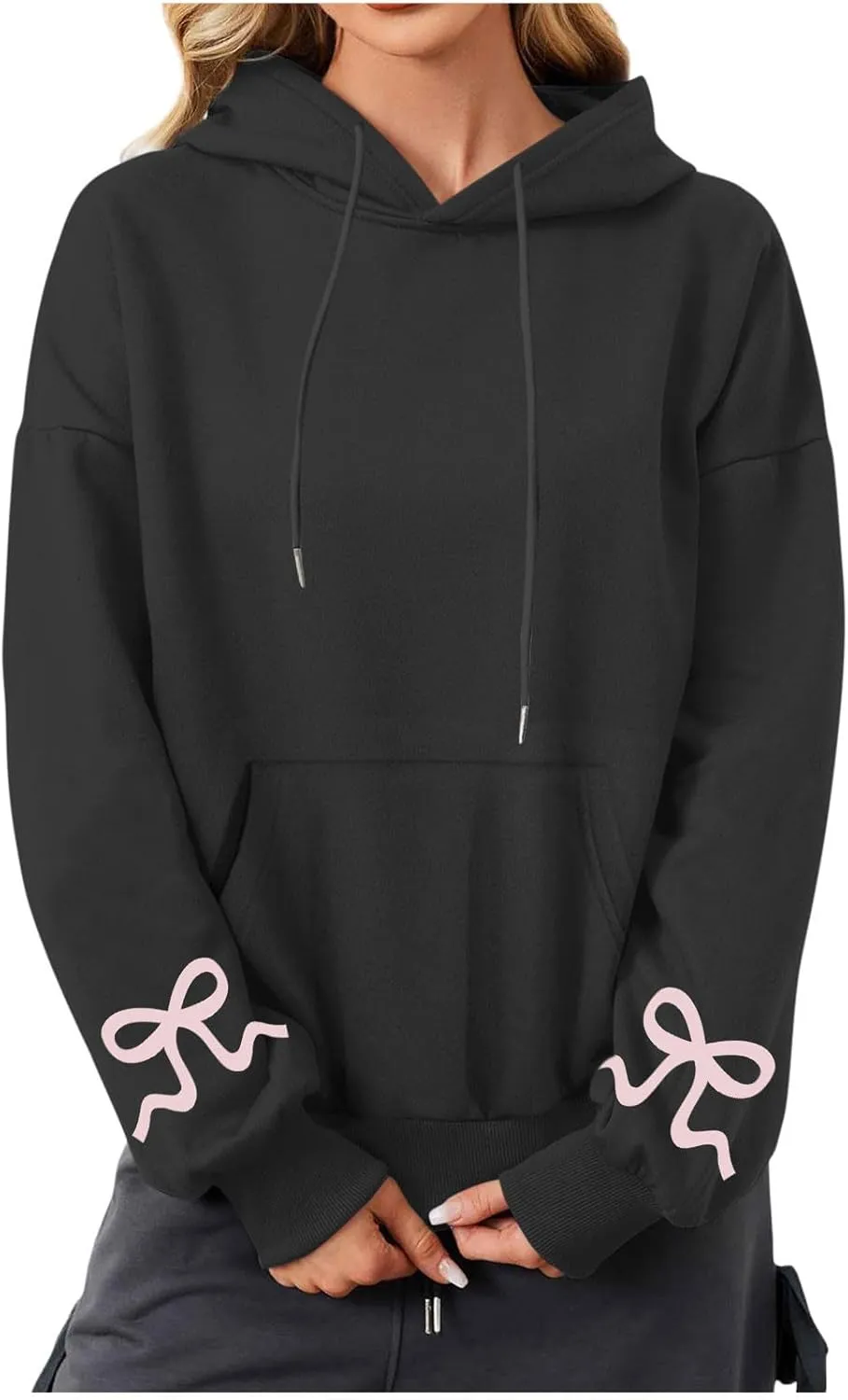 Women's Bow Print Hoodies Oversized Long Sleeve Hooded Sweatshirts Graphic Drop Shoulder Pullover Tops Y2K Clothing