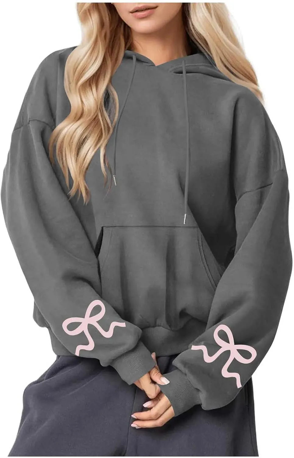 Women's Bow Print Hoodies Oversized Long Sleeve Hooded Sweatshirts Graphic Drop Shoulder Pullover Tops Y2K Clothing