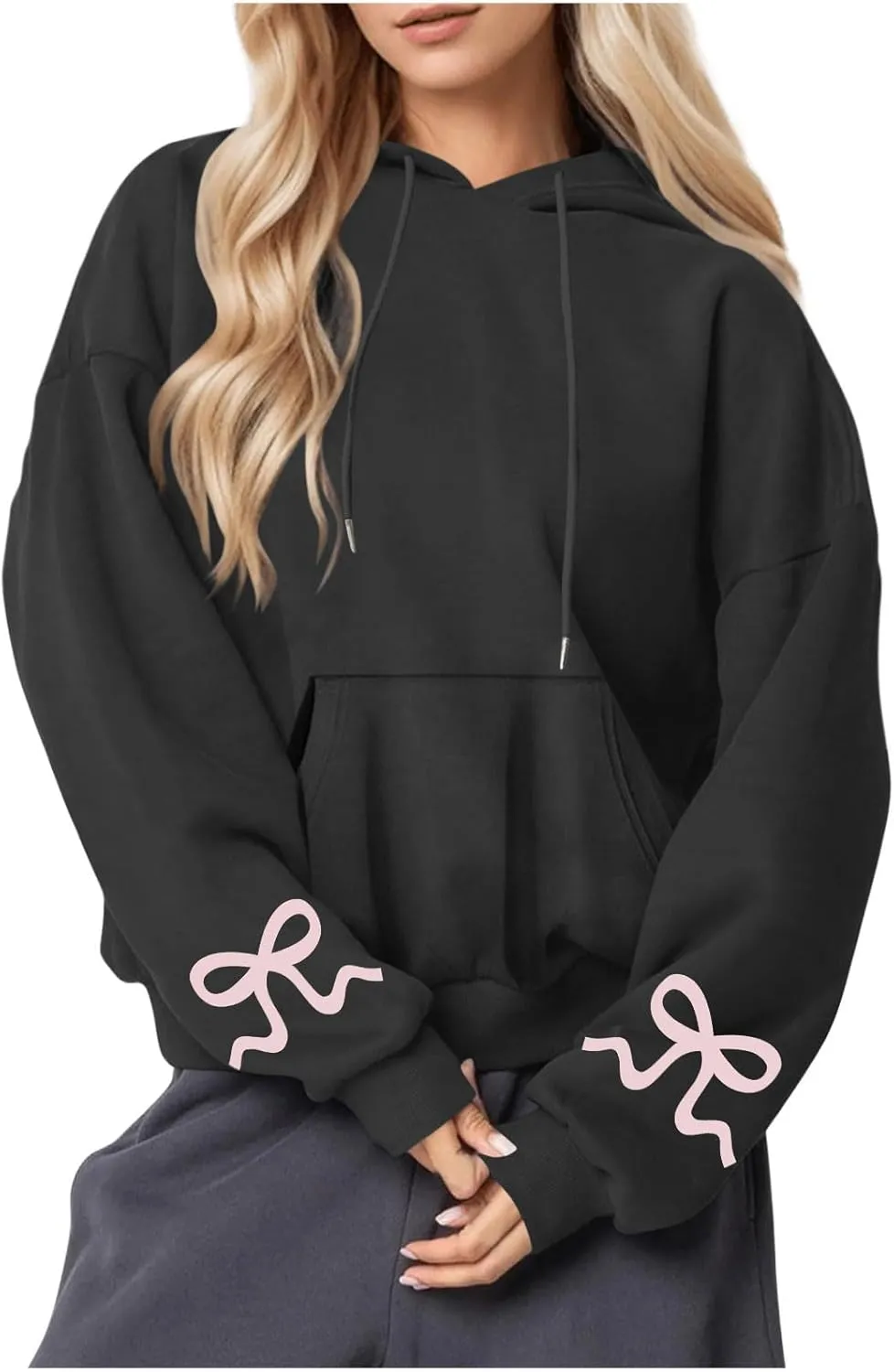 Women's Bow Print Hoodies Oversized Long Sleeve Hooded Sweatshirts Graphic Drop Shoulder Pullover Tops Y2K Clothing