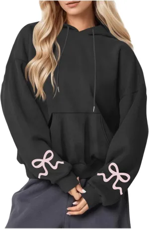 Women's Bow Print Hoodies Oversized Long Sleeve Hooded Sweatshirts Graphic Drop Shoulder Pullover Tops Y2K Clothing
