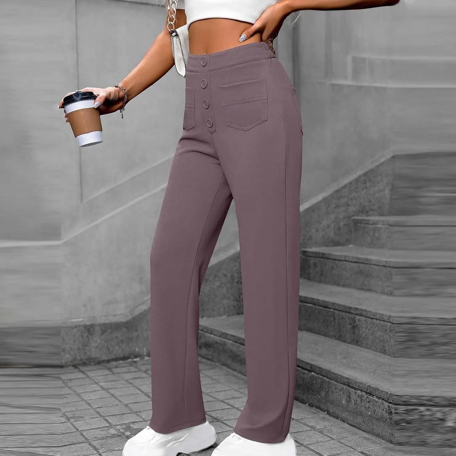 Women's Business Pants Casual Straight Leg High Elastic Waist Trousers Solid Color Stretch Long Pants with Pockets