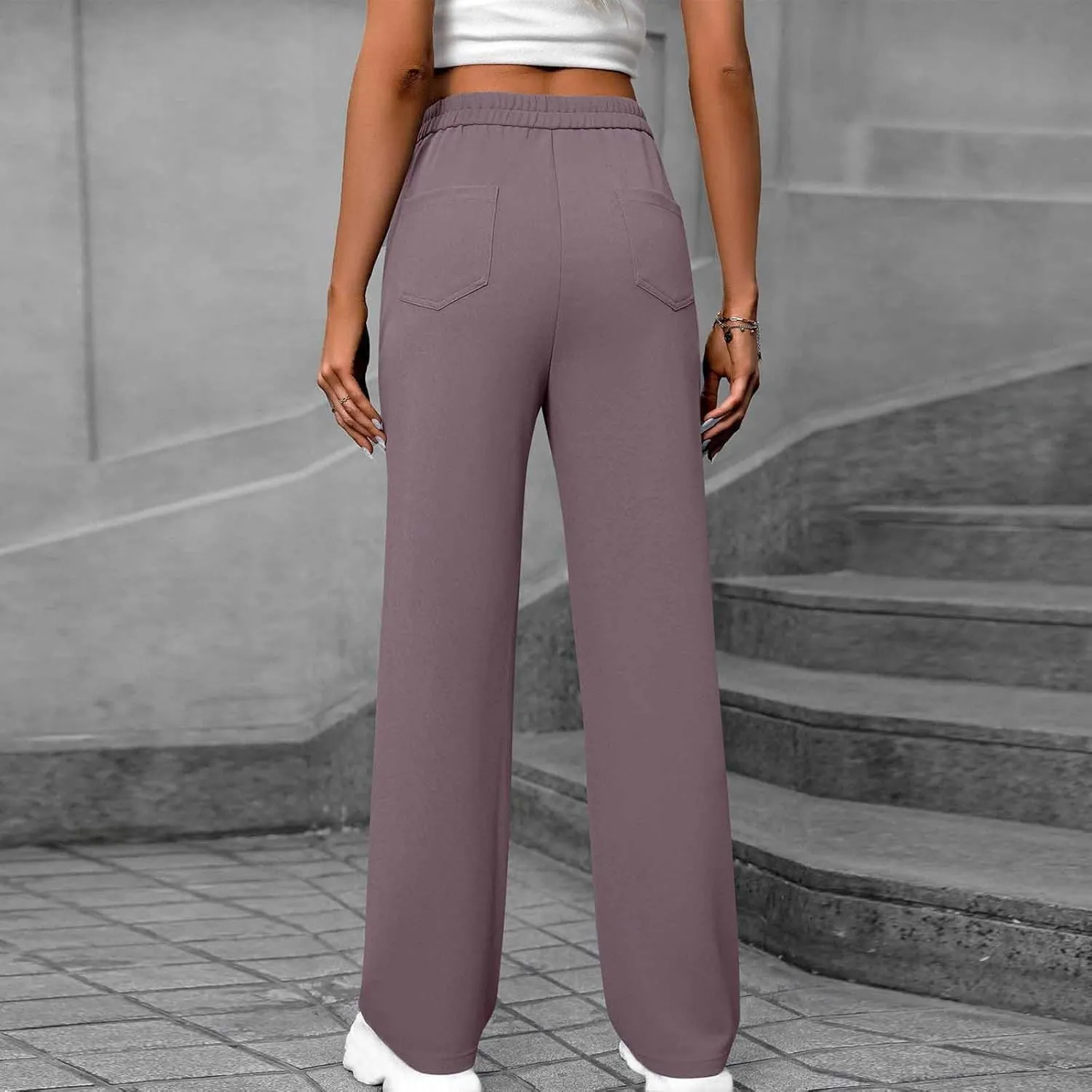 Women's Business Pants Casual Straight Leg High Elastic Waist Trousers Solid Color Stretch Long Pants with Pockets