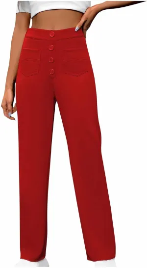 Women's Business Pants Casual Straight Leg High Elastic Waist Trousers Solid Color Stretch Long Pants with Pockets