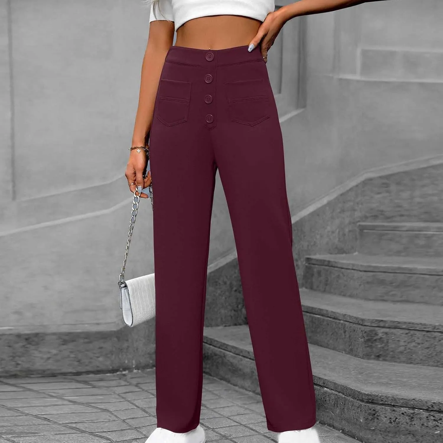 Women's Business Pants Casual Straight Leg High Elastic Waist Trousers Solid Color Stretch Long Pants with Pockets