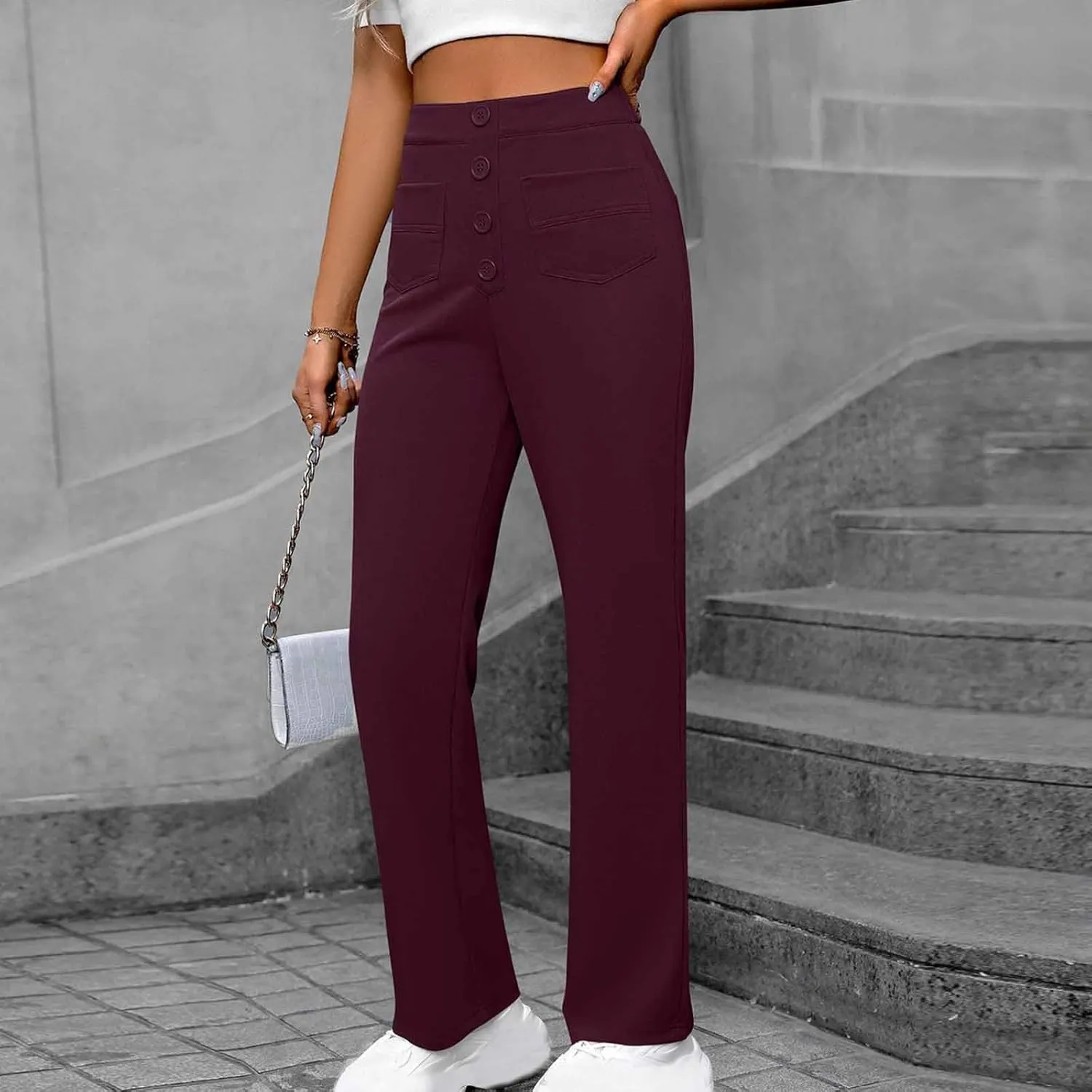 Women's Business Pants Casual Straight Leg High Elastic Waist Trousers Solid Color Stretch Long Pants with Pockets