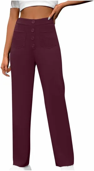 Women's Business Pants Casual Straight Leg High Elastic Waist Trousers Solid Color Stretch Long Pants with Pockets