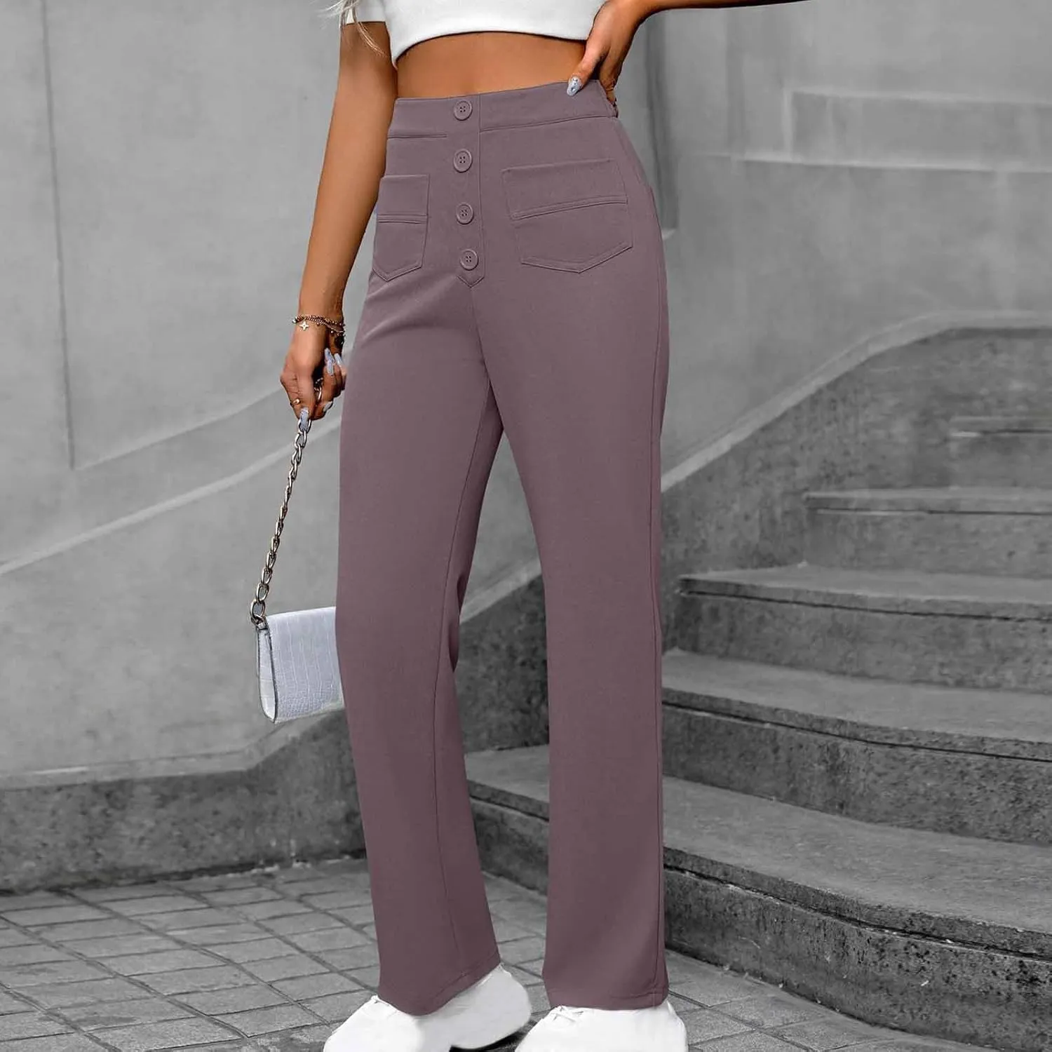 Women's Business Pants Casual Straight Leg High Elastic Waist Trousers Solid Color Stretch Long Pants with Pockets