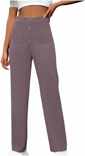 Women's Business Pants Casual Straight Leg High Elastic Waist Trousers Solid Color Stretch Long Pants with Pockets
