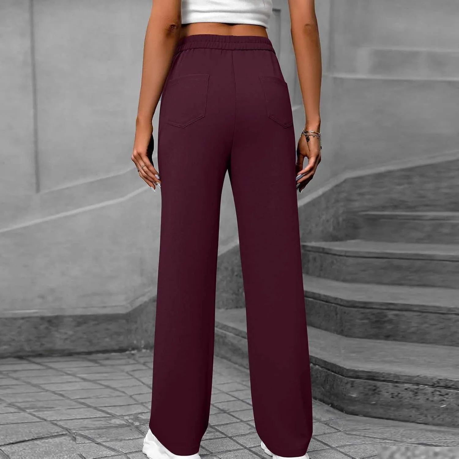 Women's Business Pants Casual Straight Leg High Elastic Waist Trousers Solid Color Stretch Long Pants with Pockets