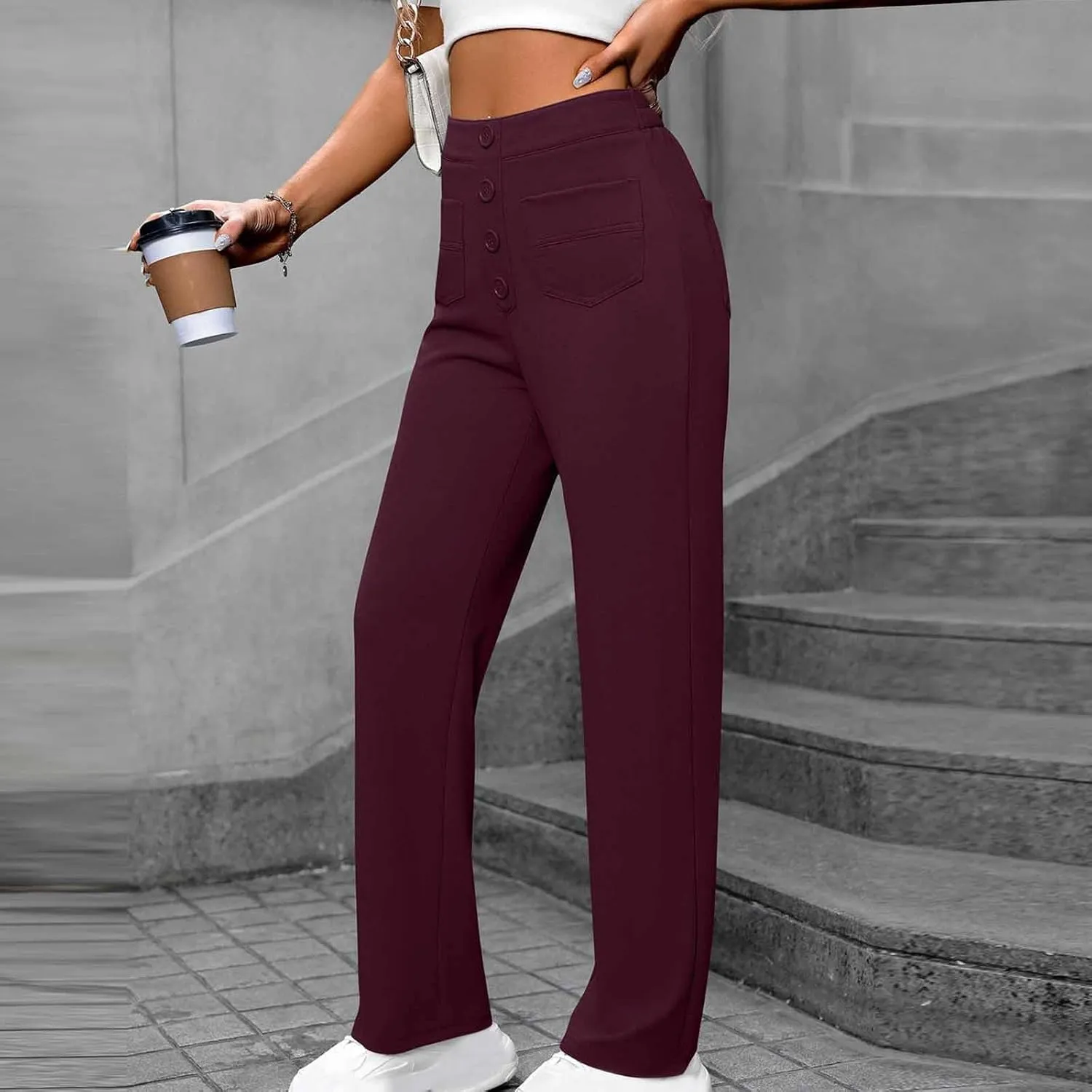 Women's Business Pants Casual Straight Leg High Elastic Waist Trousers Solid Color Stretch Long Pants with Pockets