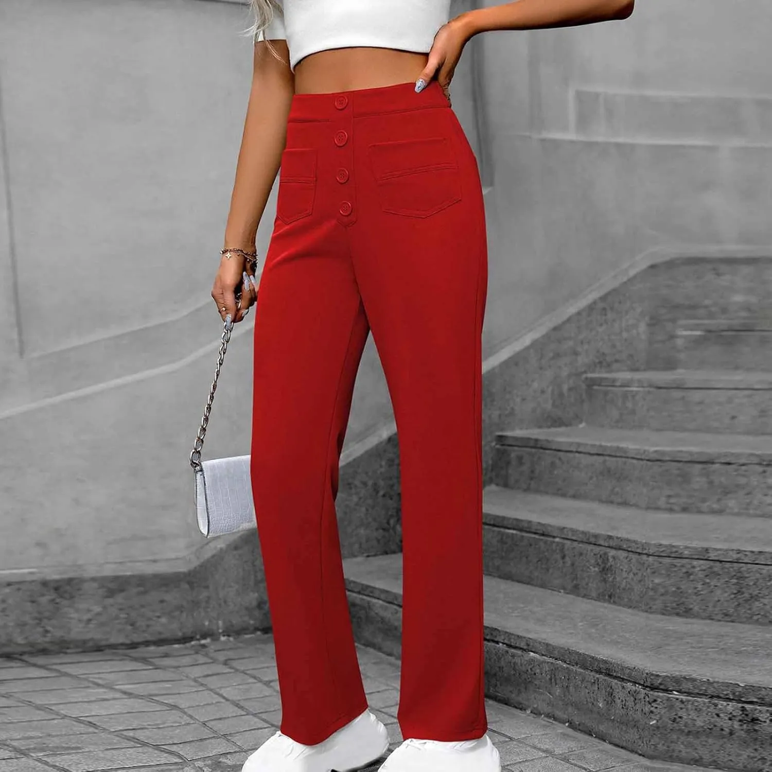 Women's Business Pants Casual Straight Leg High Elastic Waist Trousers Solid Color Stretch Long Pants with Pockets