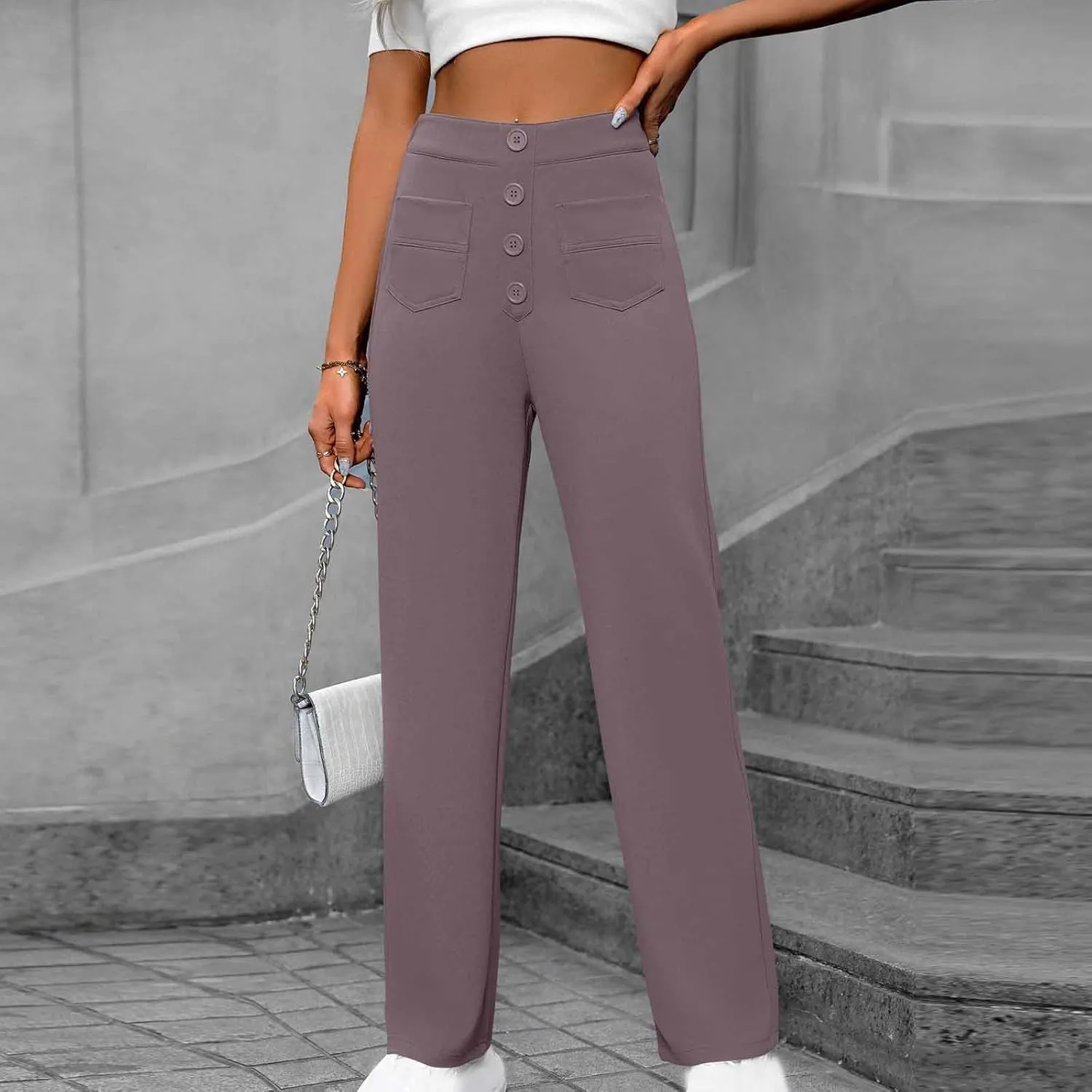 Women's Business Pants Casual Straight Leg High Elastic Waist Trousers Solid Color Stretch Long Pants with Pockets