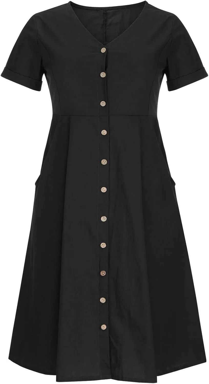 Womens Button Down Cotton Linen Empire Waist Dress Summer Trendy V Neck Short Sleeve Elegant Midi A-Line Dresses