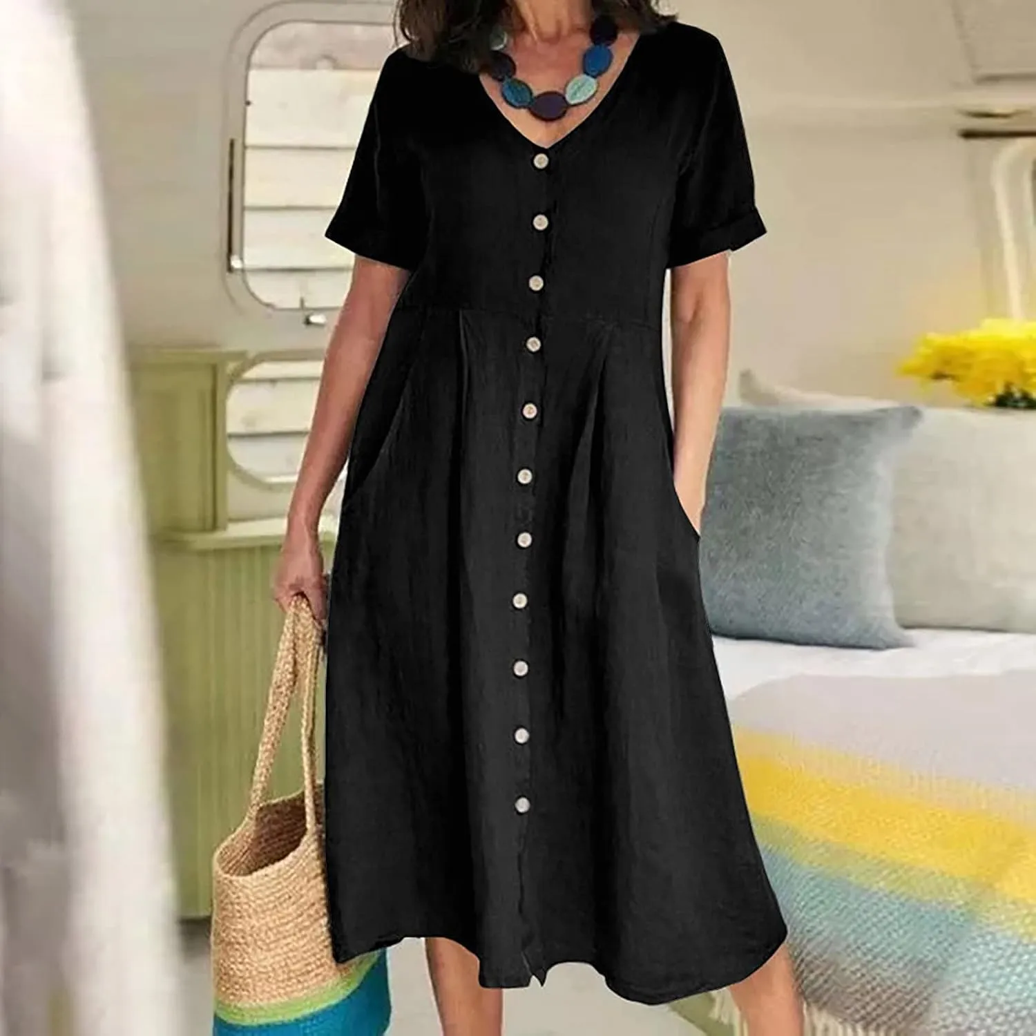 Womens Button Down Cotton Linen Empire Waist Dress Summer Trendy V Neck Short Sleeve Elegant Midi A-Line Dresses