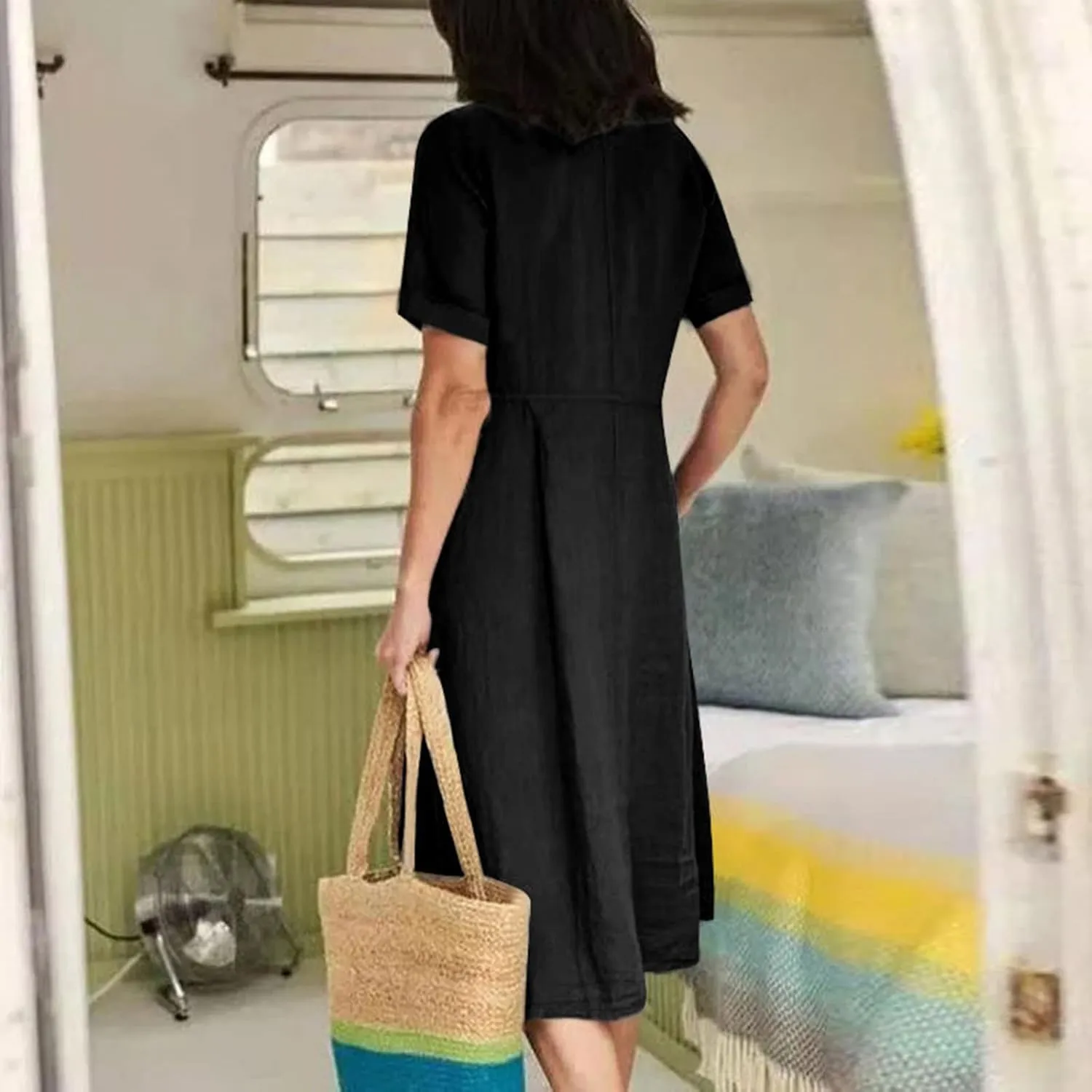 Womens Button Down Cotton Linen Empire Waist Dress Summer Trendy V Neck Short Sleeve Elegant Midi A-Line Dresses