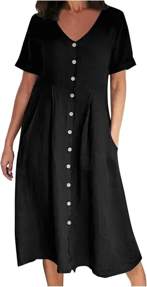 Womens Button Down Cotton Linen Empire Waist Dress Summer Trendy V Neck Short Sleeve Elegant Midi A-Line Dresses